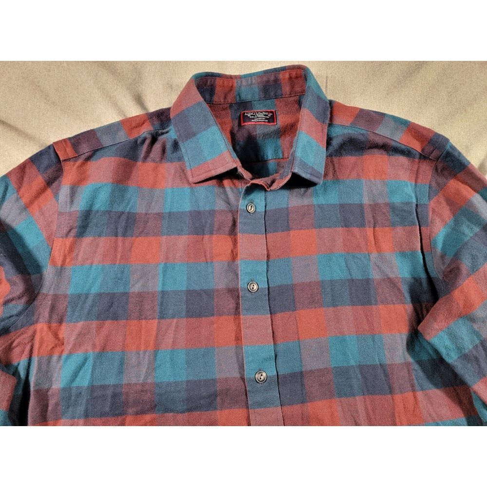 Untuckit Shirt Mens Large Slim Fit L/S Button Up Plaid‎ 100% Cotton Maroon, Teal